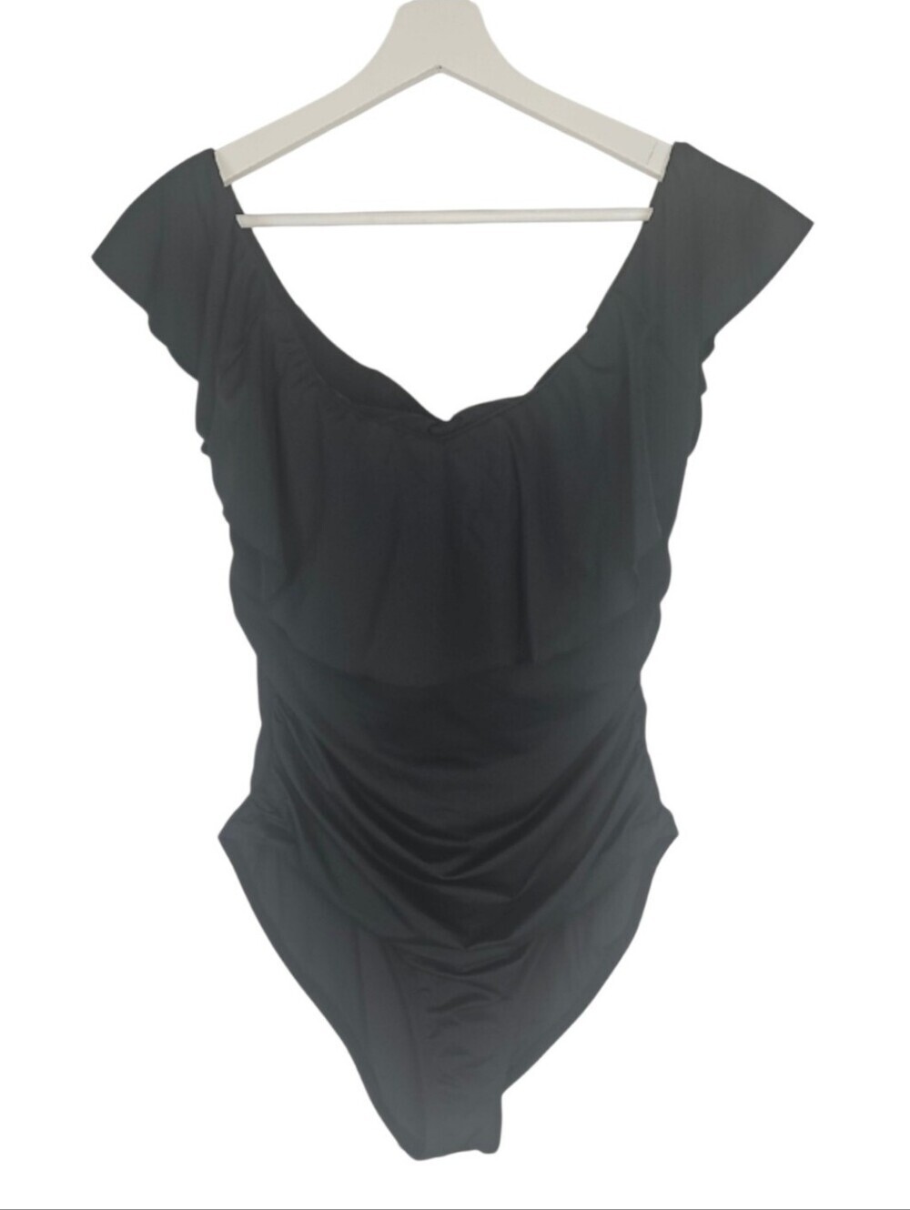 Black One Piece Swimsuit Ruffle Neckline Criss Cross Back Women's Size 14 Plus
